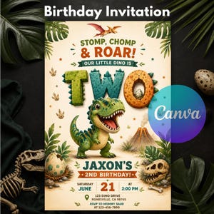 Peut inclure: Une carte d'invitation d'anniversaire avec un dinosaure vert, un volcan et des œufs de dinosaure. Le texte indique : STOMP, CHOMP & ROAR! OUR LITTLE DINO IS TWO, JAXON'S 2ND BIRTHDAY! SATURDAY JUNE 21 AT 2:00 PM, 123 DINO DRIVE ROARSVILLE, CA 98765.