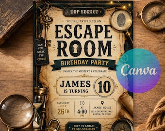 Escape Room Birthday Invitation, Mystery Party Invite, Detective Puzzle Challenge Kids Teen Editable Canva Template Instant Download