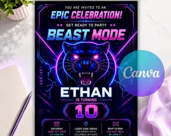 Beast Birthday Invitation, Beast Mode Gaming Birthday Invite, Neon Panther Gamer Party, Epic Video Game Canva Template Instant Download