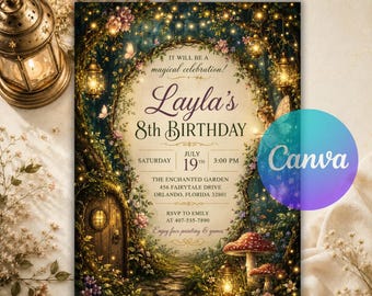 Enchanted Forest Birthday Invitation, Woodland Fairy Garden Party Invite, Magical Enchanted Garden Birthday, Editable Canva Instant Download
