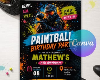 Paintball Birthday Invitation, Paintball Party Invite, Color Splash Action Birthday, Boy Tween Teen Canva Template Instant Print & Download