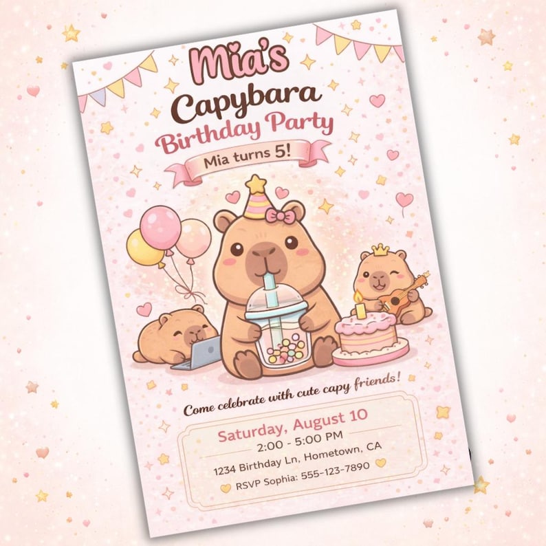 May include: A pink and white invitation for a capybara-themed birthday party. The invitation features illustrations of capybaras, balloons, and a cake. Text includes "Mia's Capybara Birthday Party" and party details.