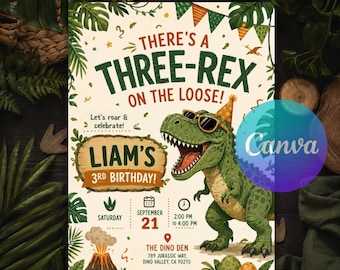 Three Rex Birthday Invitation, Editable Dinosaur 3rd Birthday Invite, Retro T Rex Canva Template, Boys Dino Party Card Instant Download