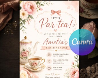 Tea Party Birthday Invitation, Par-Tea Birthday Invite, Pink Floral Garden Party, Vintage Whimsical Girl Canva Template Instant Download