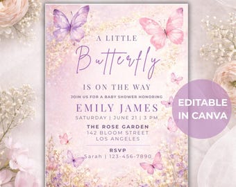 Canva Editable Baby in Bloom Invitation | Butterfly Baby Shower Invitation | Pink Purple Butterflies Invite | Instant Download Printable