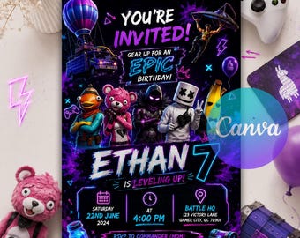 Fort Game Birthday Invitation, Editable Gamer Party Invite, Battle Royale Canva Template, Video Game Kids Card, Instant Digital Download