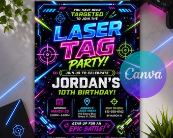 Laser Tag Birthday Invitation, Editable Neon Glow Laser Party Invite, Arcade Game Canva Template, Boy Girl Birthday Card, Instant Download