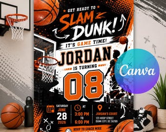 Basketball Birthday Invitation, Canva Editable Sports Party Invite, Printable Kids Boy Birthday Card Template, Instant Digital Download