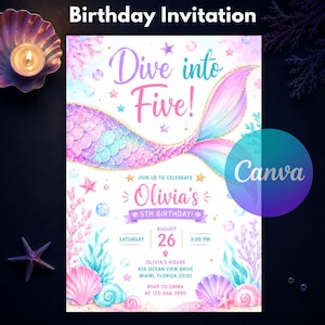 May include: A birthday invitation card featuring a watercolor mermaid tail in shades of pink, purple, and blue. The text reads Dive into Five! Olivia's 5th Birthday, Saturday August 26, 3:00 PM, Olivia's House, 456 Ocean View Drive, Miami, Florida 33101.