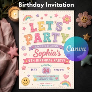 May include: A rectangular birthday invitation card with a cream background featuring pastel-colored text that reads LET'S PARTY, JOIN US TO CELEBRATE Sophia's 6TH BIRTHDAY PARTY, SATURDAY MAY 24 4:00 PM, SUNSHINE PLAYHOUSE 1234 HAPPY LANE ORLANDO, FL 32801, RSVP TO EMILY AT 407-555-1234.