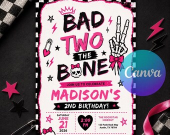 Bad Two the Bone Birthday Invitation, Two Cool 2nd Birthday Girl Party, Pink Punk Rockstar Skeleton Editable Canva Template Instant Download