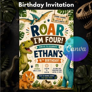 Zaproszenie urodzinowe Roar I'm Four, zaproszenie na czwarte urodziny dinozaura, edytowalny szablon Canva dla dzieci z motywem T-Rex Jurassic do pobrania natychmiast