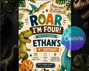 Roar I'm Four Birthday Invitation, Dinosaur 4th Birthday Party Invite, T-Rex Jurassic Kids Editable Canva Template Instant Download