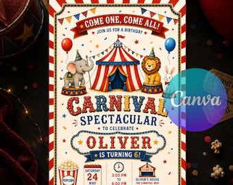 Carnival Birthday Invitation, Circus Party Invite, Amusement Park Birthday, Fun Fair Theme, Editable Canva Template, Printable Download