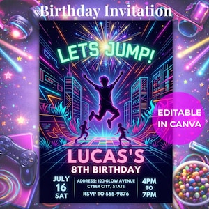 Invitación de cumpleaños editable en Canva con temática de parque de trampolines / Fiesta de cumpleaños infantil "Let's Jump Trampoline" / Plantilla de tarjeta neón para niños / Descarga instantánea