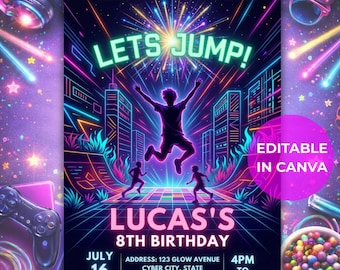 Trampoline Park Birthday Invitation | Lets Jump Trampoline Boys Birthday Party | Kids Neon Card Template | Canva Editable | Instant Download