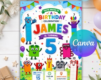 Number Blocks Birthday Invitation, Editable Kids Party Invite Card, Number Theme Canva Printable Template, Instant Digital Download