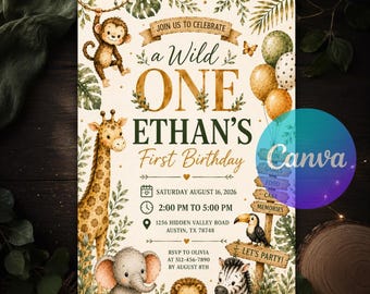 Safari First Birthday Invitation, A Wild One Birthday Invite, Jungle Animals Party, 1st Birthday Safari Boy Canva Template, Instant Download