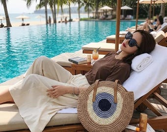 Bolso de playa redondo de paja tejida, bolso de hombro estilo bohemio para verano.