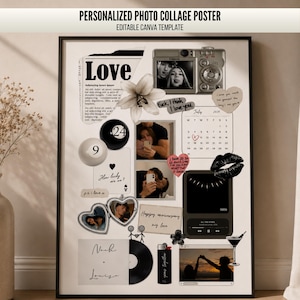 May include: A personalized photo collage poster featuring a black and white aesthetic with various elements including a camera, a calendar for July 2024, billiard balls numbered 9 and 24, a heart-shaped locket, a vinyl record, and text reading Love.