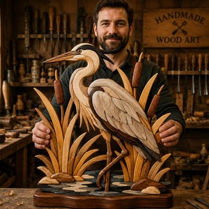 Puede incluir: Una pieza de arte en taracea de madera multicapa que representa una garza de pie entre juncos y espadañas. La escultura presenta varios tonos de madera natural, incluyendo vetas claras, medias y oscuras ensambladas con detalle.