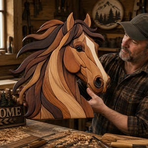 May include: A multi-toned wooden horse head wall art piece featuring layered segments of light, medium, and dark brown wood. The design showcases a flowing mane and a white blaze marking on the horse's face, crafted with smooth, polished edges.