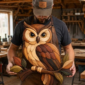 May include: A handcrafted wooden owl wall art piece featuring intricate marquetry with various wood tones including light tan, medium brown, and dark mahogany. The owl is perched on a branch with stylized leaves in shades of green and orange.