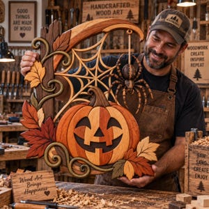 May include: A handcrafted wooden wall hanging featuring a carved jack-o'-lantern, a spider hanging from a web, and autumn leaves. The piece is constructed from various shades of natural wood, showcasing intricate scrollwork and layered textures.
