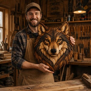 May include: A hand-carved wooden wall sculpture of a wolf head featuring intricate layered fur textures in shades of dark brown, tan, and cream with amber-colored eyes and a black nose, held up to display the detailed craftsmanship of the piece.