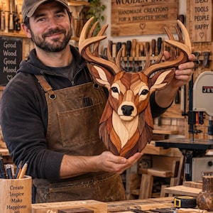 May include: A wall-mounted deer head sculpture crafted from various shades of natural wood. The piece features intricate, interlocking wooden segments in light, medium, and dark brown tones, forming the detailed face, ears, and large, branching antlers.