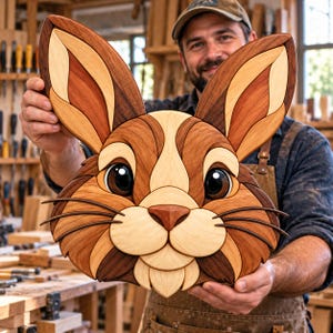 Rabbit Face Intarsia Pattern PDF | Bunny Scroll Saw Woodworking Template | Layered Wood Art | DIY Digital Pattern