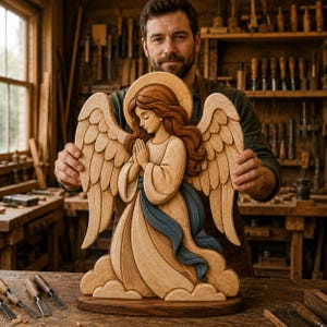 Pode incluir: Uma escultura de madeira esculpida à mão de um anjo com cabelos longos e fluidos, asas grandes e mãos juntas em oração. A figura apresenta um acabamento em madeira clara com uma faixa azul escura sobre o vestido, montada numa base plana.