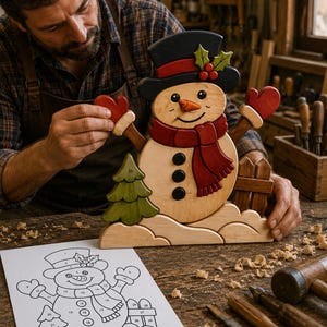 Julsnögubbe Intarsia Mönster SVG, Scroll Saw Träbearbetningsmall, Träsnögubbedekor, DIY Jul PDF