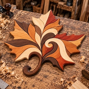 Peut inclure: Une pièce d'art mural décorative en bois en forme de feuille d'érable, composée de multiples segments de bois imbriqués dans des tons naturels variés, notamment crème clair, orange doré, rouge profond et brun foncé, avec une tige incurvée.