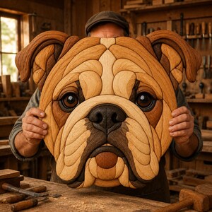 Puede incluir: Una pieza de arte mural de madera hecha a mano con forma de cabeza de bulldog, que presenta capas intrincadas de tonos de madera claros, medios y oscuros. El diseño muestra rasgos faciales detallados, incluidos grandes ojos oscuros y un hocico.
