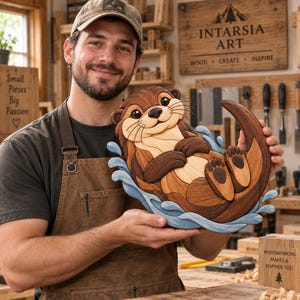 Peut inclure: Une pièce d'art mural en marqueterie de bois représentant une loutre souriante flottant dans l'eau bleue. La loutre est fabriquée à partir de différentes nuances de bois naturel, avec une fourrure brun foncé, un visage et un ventre beige clair.