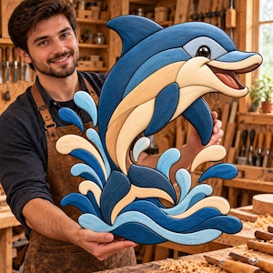 May include: A multi-layered wooden wall art piece depicting a dolphin leaping from stylized waves. The dolphin is crafted from segments of light tan and deep blue wood, while the water features shades of light blue, medium blue, and tan.