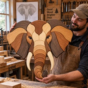 Op de afbeelding: Een wandsculptuur in de vorm van een olifantenkop, gemaakt van verschillende tinten natuurlijk hout. Het object bestaat uit in elkaar grijpende segmenten in lichte, middelbruine en donkerbruine tinten die de oren, slurf en slagtanden vormen.
