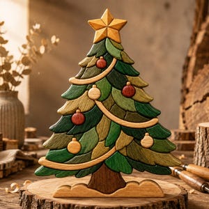 Pode incluir: Uma escultura decorativa de árvore de Natal em madeira com folhagem verde em camadas, um tronco castanho escuro e uma estrela de madeira clara no topo. A árvore está decorada com pequenos ornamentos circulares vermelhos e de madeira clara.
