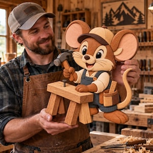 Mouse Carpenter Intarsia Pattern PDF | Cute Wooden Mouse Scroll Saw Pattern | DIY Woodworking Digital Download | Beginner Friendly Wood Art