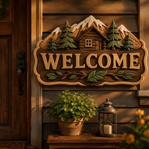 May include: A rectangular wooden wall sign featuring the word WELCOME in raised lettering. The top section displays a carved mountain range, a small cabin, and evergreen trees. The bottom border is decorated with carved green leaves and vines.