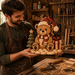 May include: A handcrafted wooden figurine of a teddy bear wearing a red Santa hat and a striped scarf, accompanied by a small green Christmas tree and a red and white gift box, all resting on a base of carved wooden stones.
