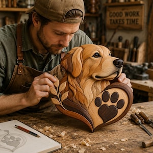 May include: A handcrafted wooden wall art piece featuring a golden retriever head in profile, integrated with a heart-shaped base containing a dark wood paw print and a small leafy branch. The sculpture uses various wood tones to create depth.