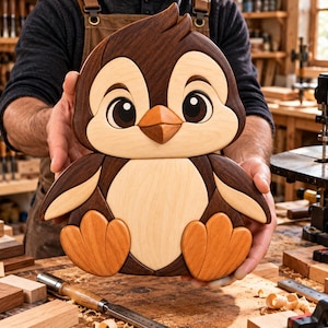 Charming Penguin Intarsia Pattern PDF | Cute Wooden Penguin Scroll Saw Art | DIY Woodworking Template | Digital Download
