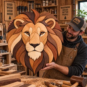 Könnte beinhalten: Ein großes, kreisförmiges Wandkunstobjekt aus Holz, das einen detaillierten Löwenkopf darstellt. Der Löwe ist aus verschiedenen Naturholztönen gefertigt, die von hellem Beige bis zu Dunkelbraun reichen und eine geschichtete Optik erzeugen.