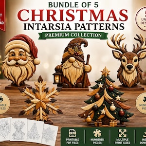 Op de afbeelding: Een digitale bundel van 5 kerst-intarsia patronen met houten ontwerpen van de Kerstman, een kabouter, een rendier, een sneeuwvlok en een kerstboom. Bevat printbare PDF-bestanden met genummerde onderdelen voor houtbewerkingsprojecten.
