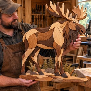 Peut inclure: Une œuvre d'art murale en bois multicouche représentant un élan dans une forêt. La pièce est fabriquée à partir de différentes nuances de bois naturel et présente un grand élan avec des bois imposants, des pins, des rochers et de l'herbe.