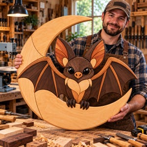 Moonlit Bat Intarsia Pattern | Crescent Moon Wood Art | Scroll Saw Pattern | Gothic Halloween Decor | DIY Woodworking Template