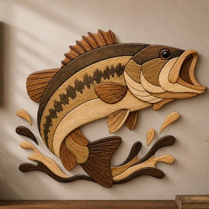 May include: A wall-mounted wooden fish sculpture crafted from layered pieces of light, medium, and dark wood. The fish is depicted in a leaping motion with its mouth open, surrounded by stylized wooden water splashes in various wood tones.