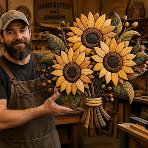 May include: A decorative wooden wall hanging featuring three carved sunflowers with yellow petals and dark brown textured centres, surrounded by green leaves and small brown buds, all tied together at the base with a carved wooden rope detail.